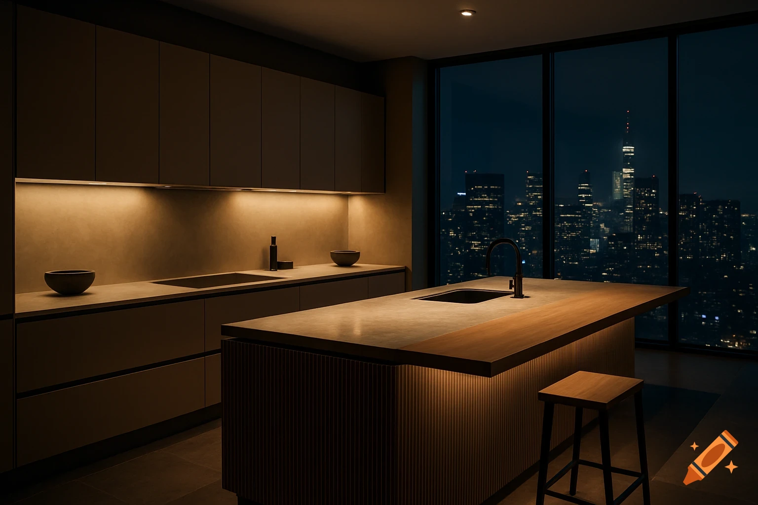 Modern luxury kitchen with warm lighting, an island, and a dramatic night city skyline view from large windows.