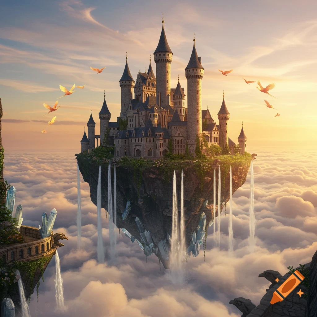 A grand fantasy castle with spires and waterfalls floats on a rocky island above clouds at sunset, with birds flying.