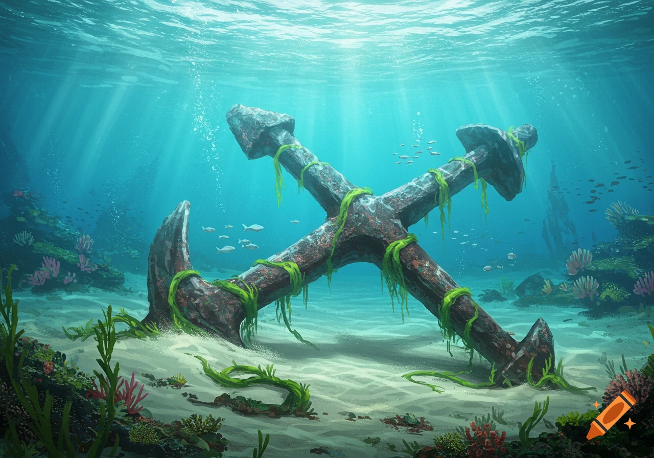 An old, moss-covered ship anchor rests on a sandy seabed, surrounded by colorful coral, green seaweed, and small fish, with sun rays piercing the clear blue water above.