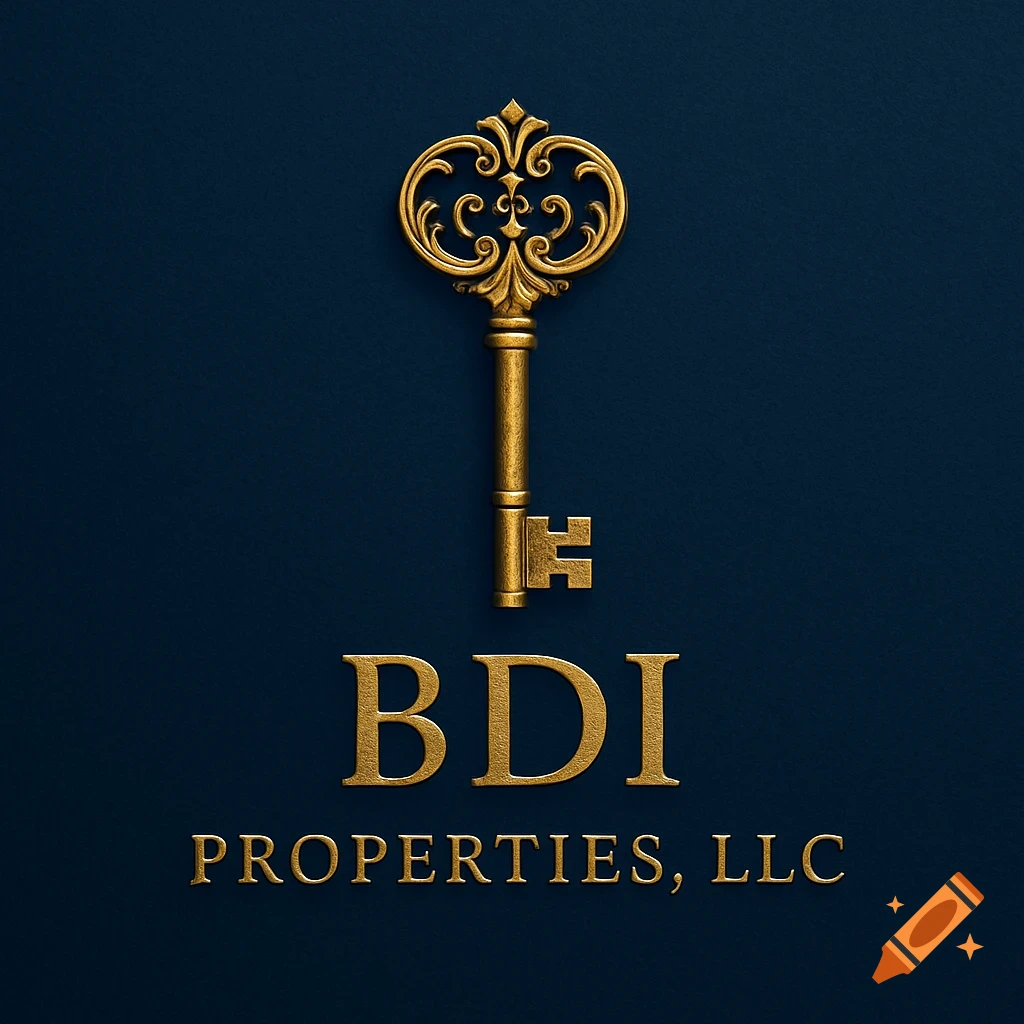A gold antique key above the text "BDI PROPERTIES, LLC" in gold font, all on a solid midnight blue background.