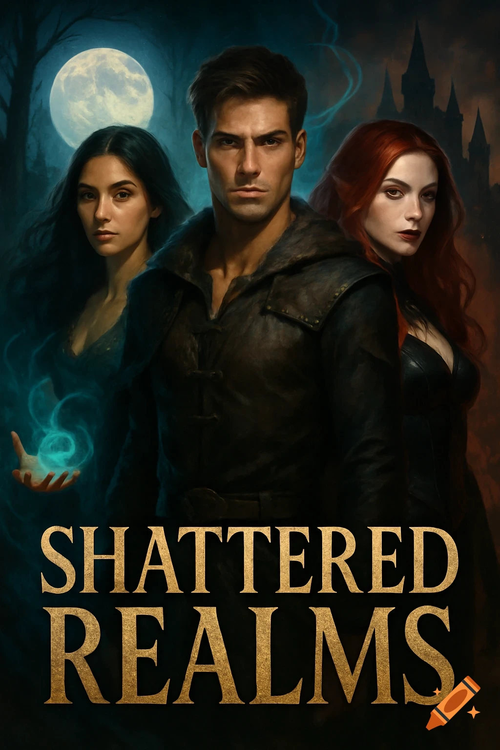 Fantasy book cover featuring a man and two women, a glowing orb, and a full moon, in a dark, magical setting.