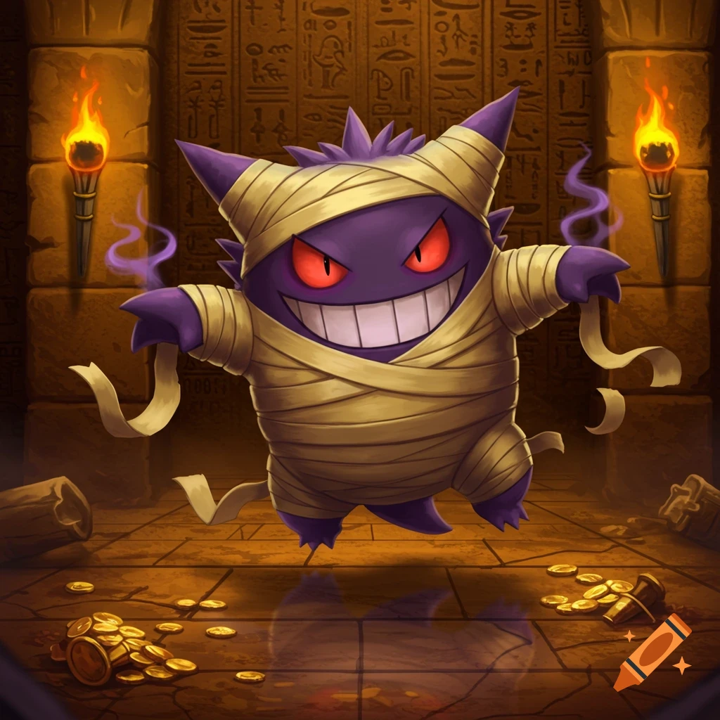 A purple Gengar Pokemon, wrapped as a mummy, grins with red eyes in a torch-lit ancient tomb with hieroglyphs and gold coins.