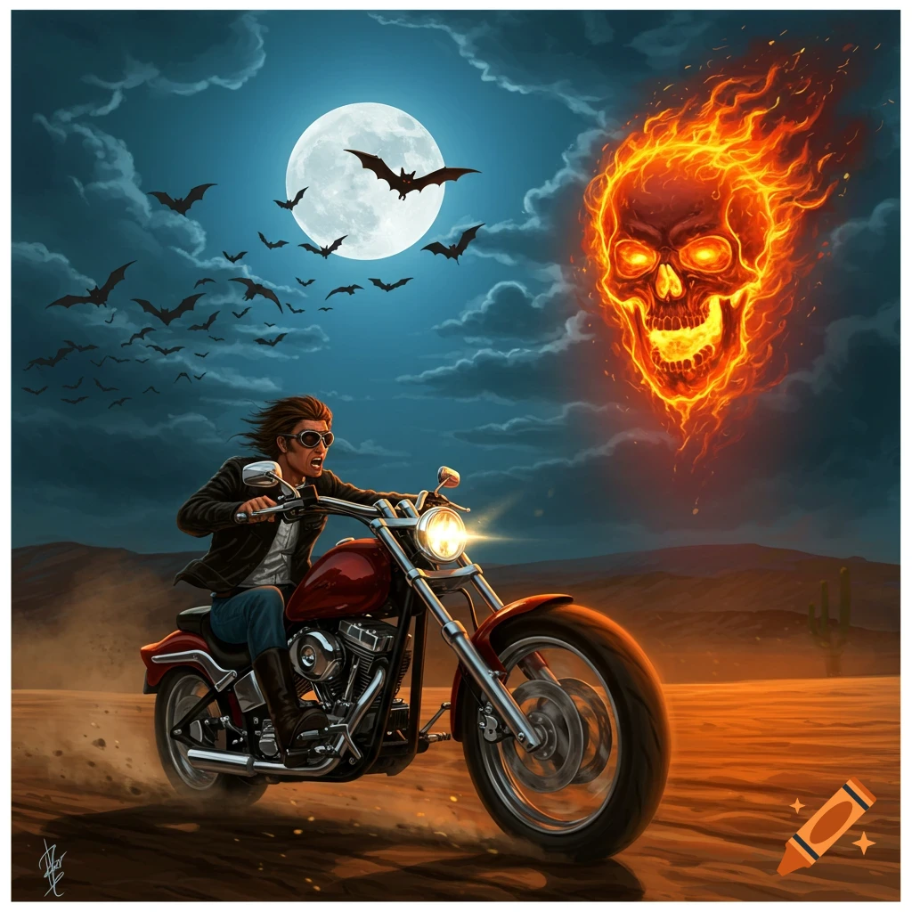 A biker on a red chopper rides through a desert at night, confronting a fiery demon skull under a full moon with flying bats.