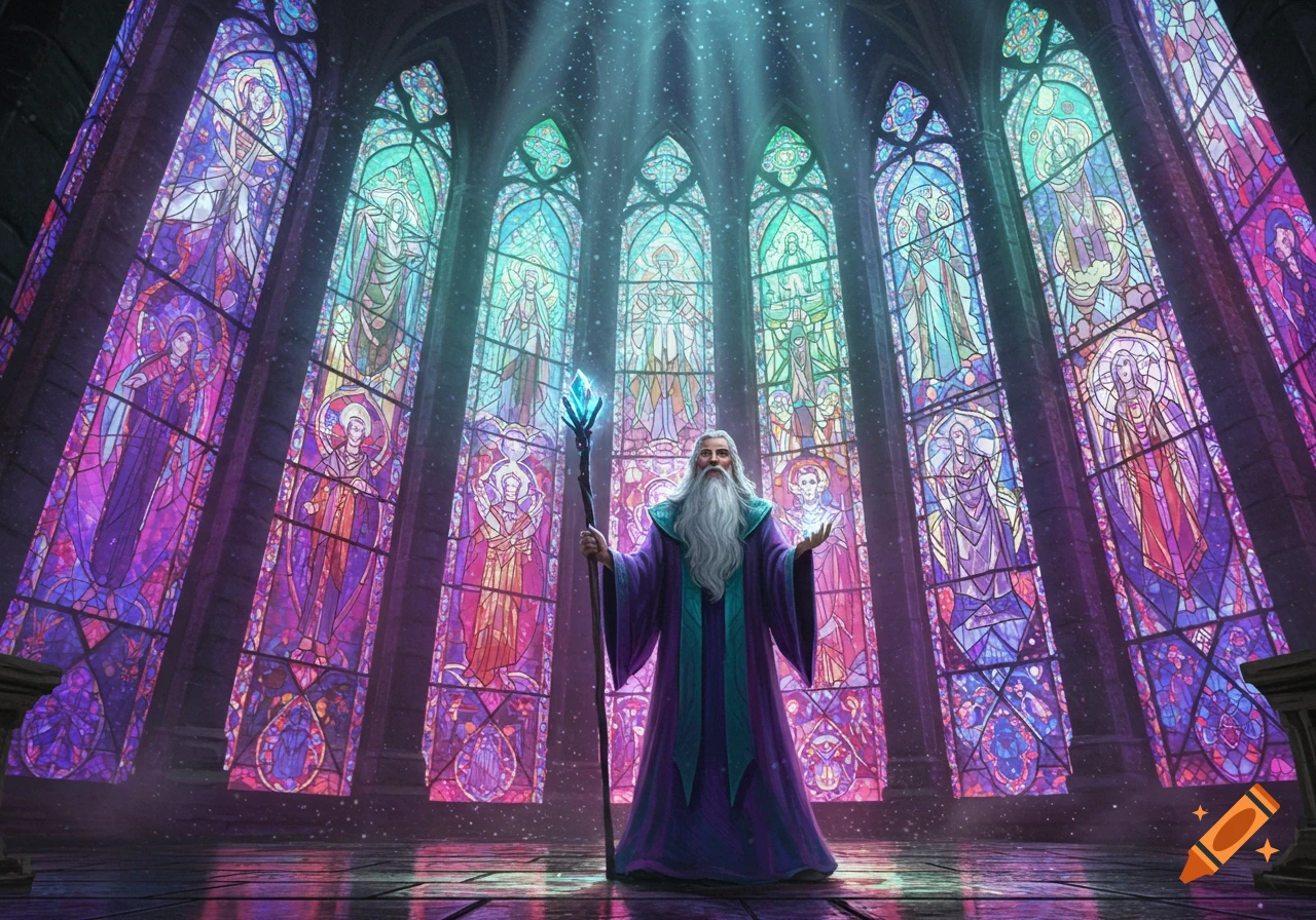 A wizard in purple and teal robes stands in a grand hall with towering, colorful stained glass windows and rays of light.