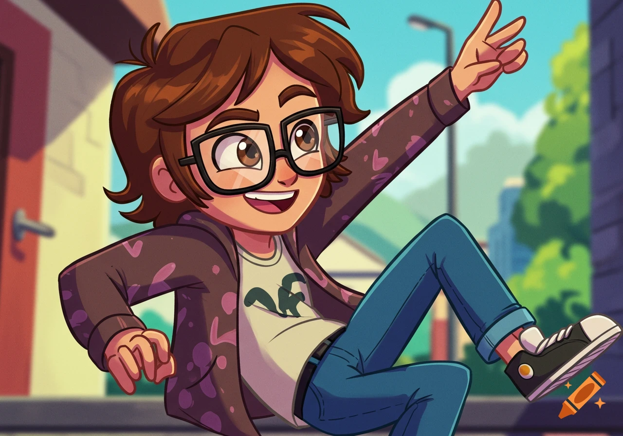 A lively cartoon character with brown hair and glasses smiles and raises two fingers in a playful pose, wearing a casual outfit.