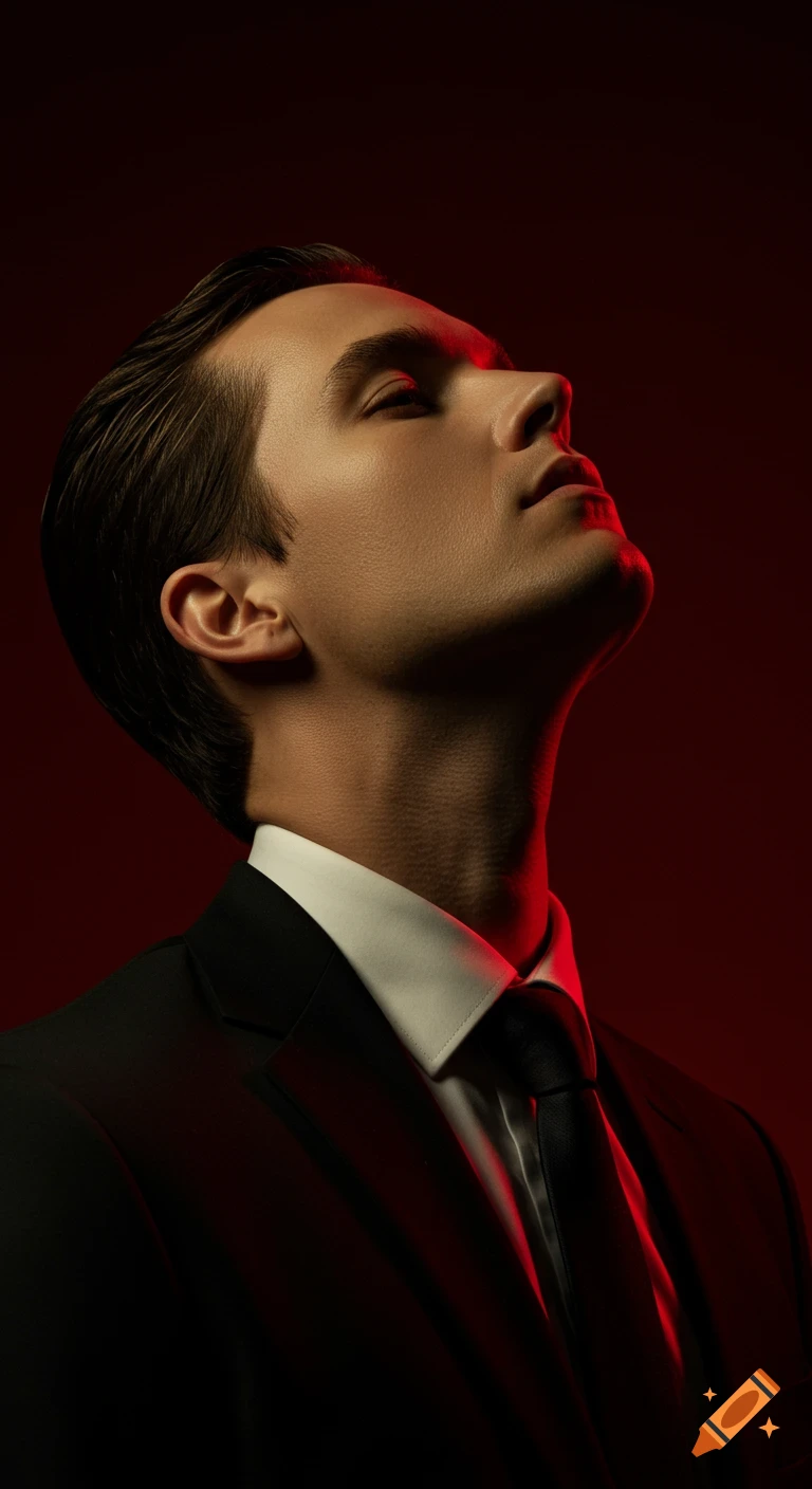 Man in a black suit and tie with closed eyes, head tilted back, dramatically lit by red and golden light against a dark red background.