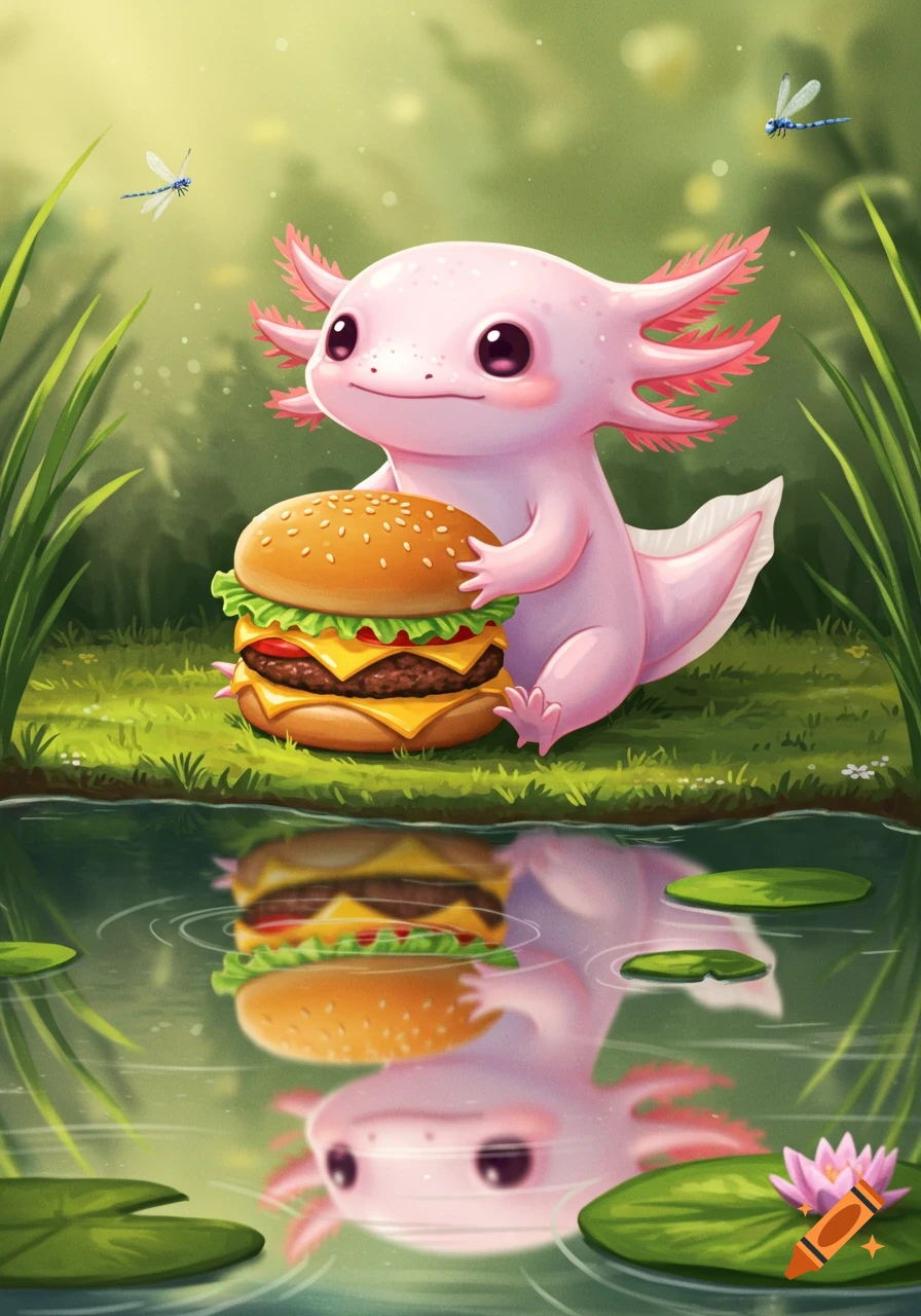 Cute pink axolotl sits by a pond holding a large hamburger, with dragonflies flying above, in a cartoon style.