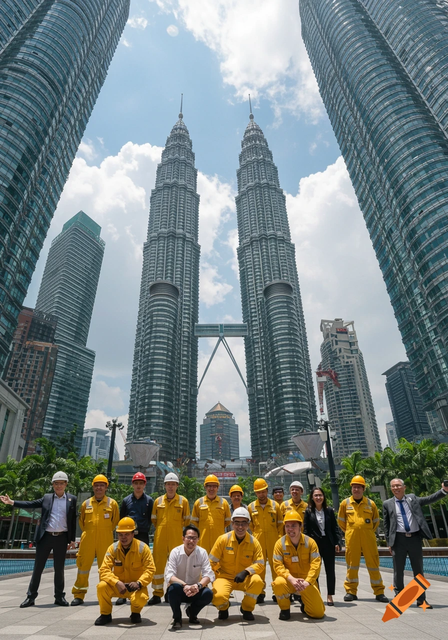 A team of people, some in yellow coveralls and some in office wear, pose in front of the iconic Petronas Towers and other skyscrapers.