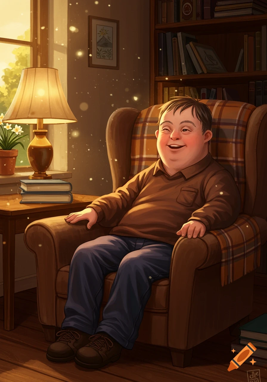 A smiling man with Down syndrome sits in a plaid armchair by a sunny window, in a cozy room with books.