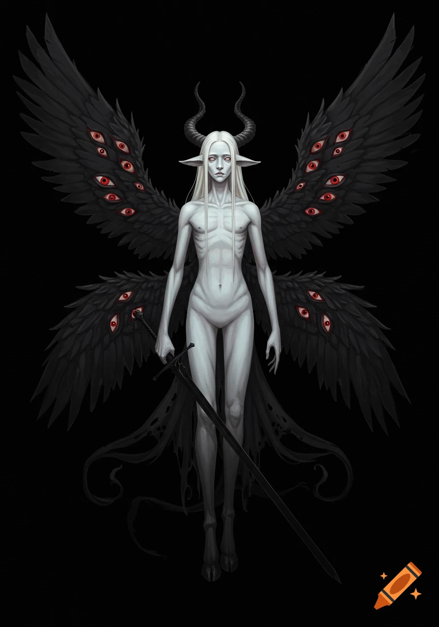 A pale, emaciated androgynous entity with horns, long white hair, goat legs, black wings covered in red eyes, holding a black sword.