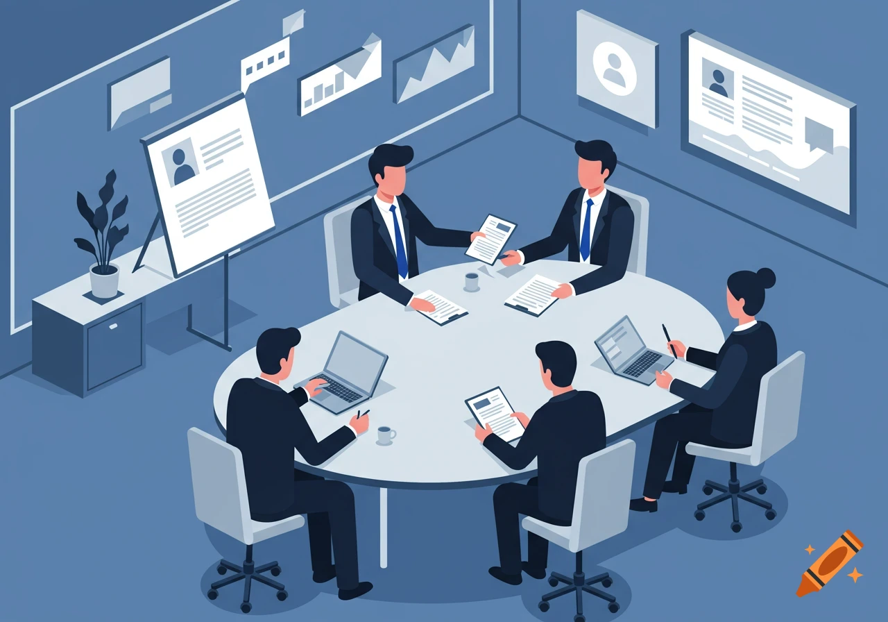 An isometric illustration of a business meeting with five people around an oval table, documents, laptops, and charts on the wall.