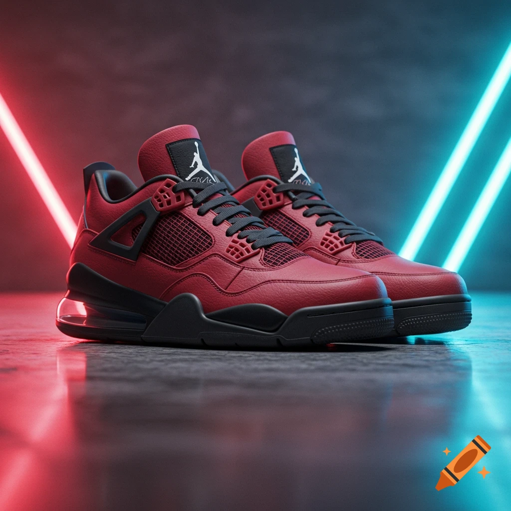 Red and black Jordan 4 sneakers with Air Max 270 bubble on a dark floor with red and blue neon lights.