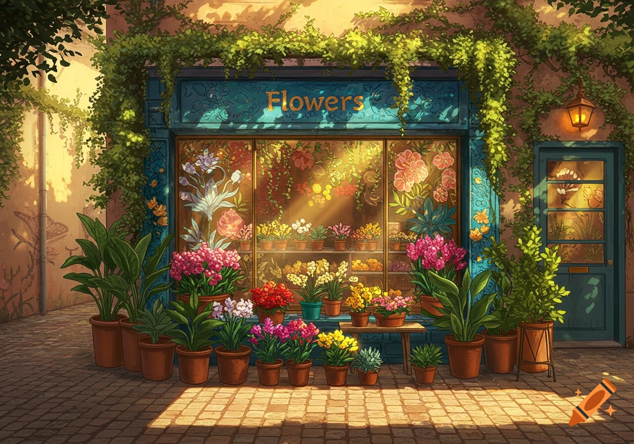 Vibrant illustration of a charming flower shop exterior, adorned with green vines and colorful potted flowers, bathed in warm sunlight.