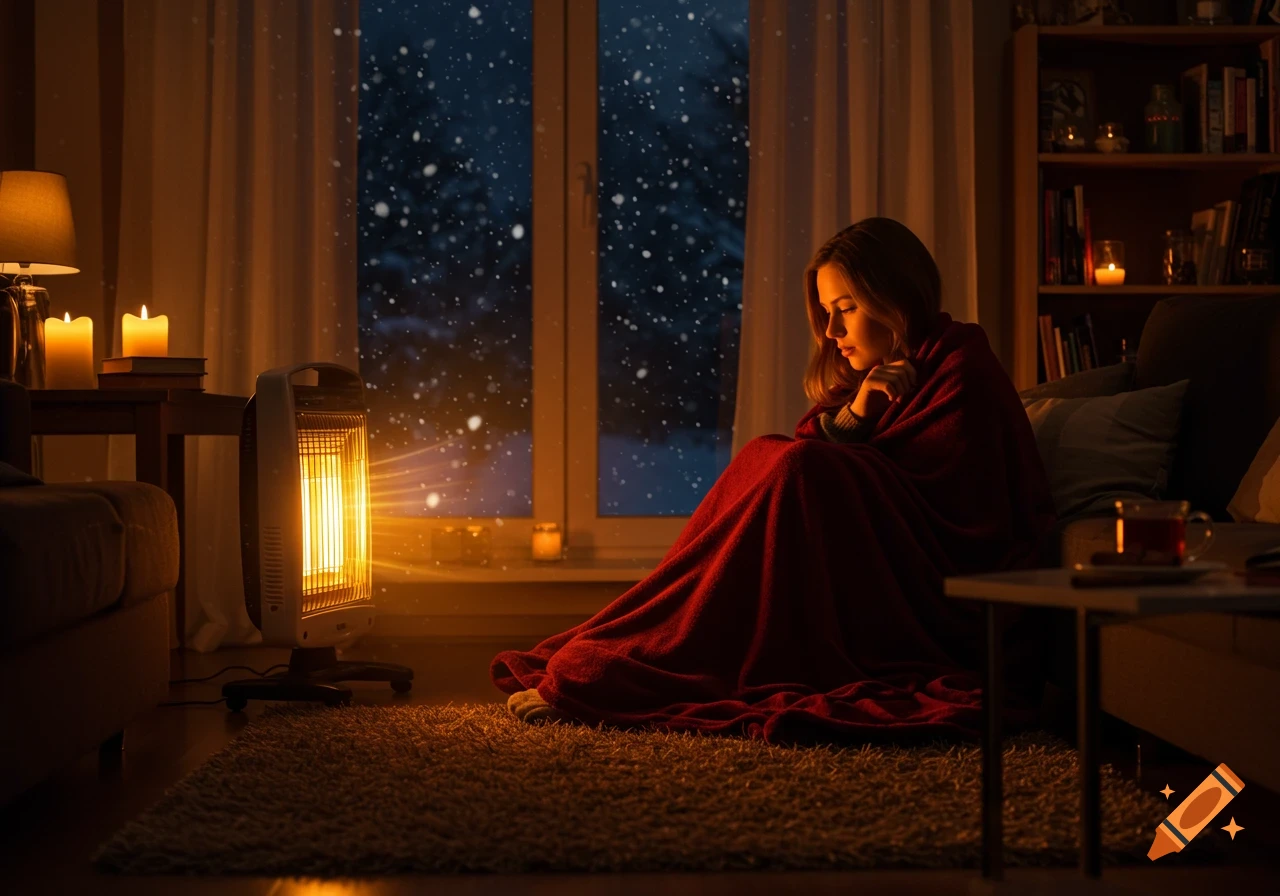 A woman wrapped in a red blanket warms herself by a glowing fan heater in a cozy, dark living room as snow falls outside a window at night.