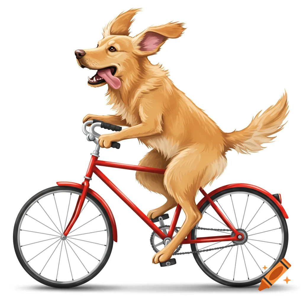 A happy golden retriever cartoon character rides a red bicycle, panting with its tongue out.