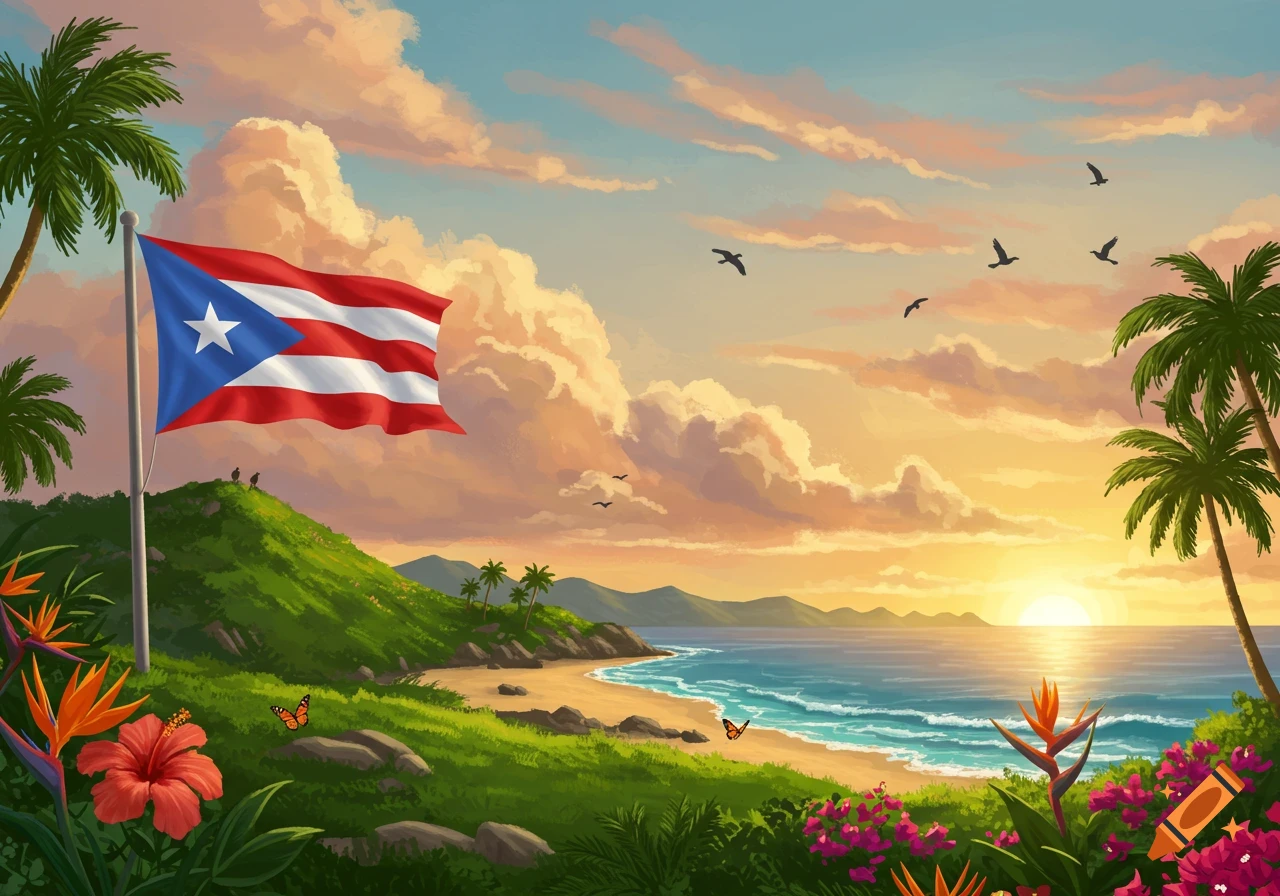 Vibrant illustration of a Puerto Rican flag on a hill overlooking a tropical beach at sunset, with palm trees, ocean, and colorful flowers.