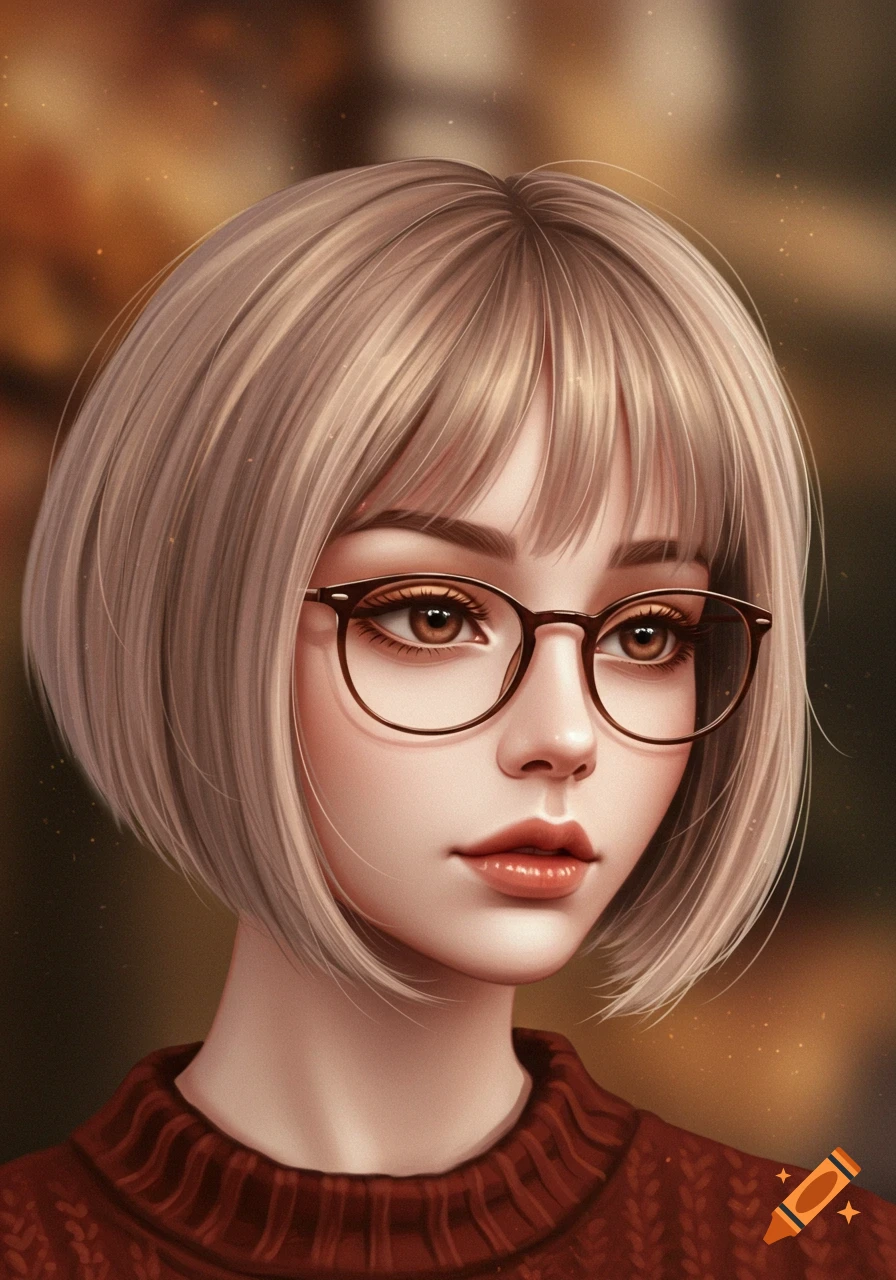 A digital art portrait of a young woman with a light brown bob haircut and brown-rimmed glasses, wearing a red sweater.