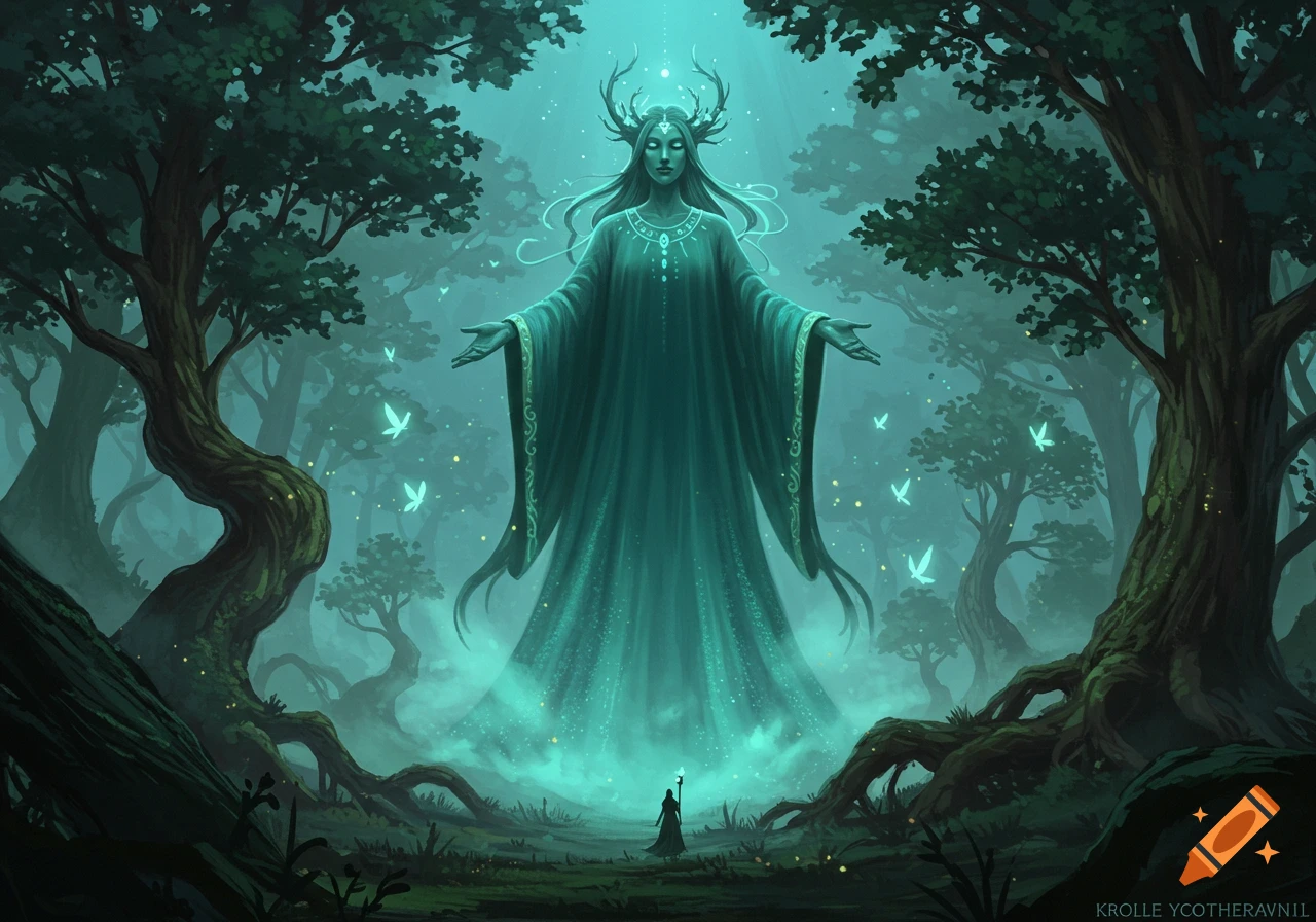 Ethereal female spirit with antlers and flowing robes in a mystical, dark forest with glowing butterflies, illustration.