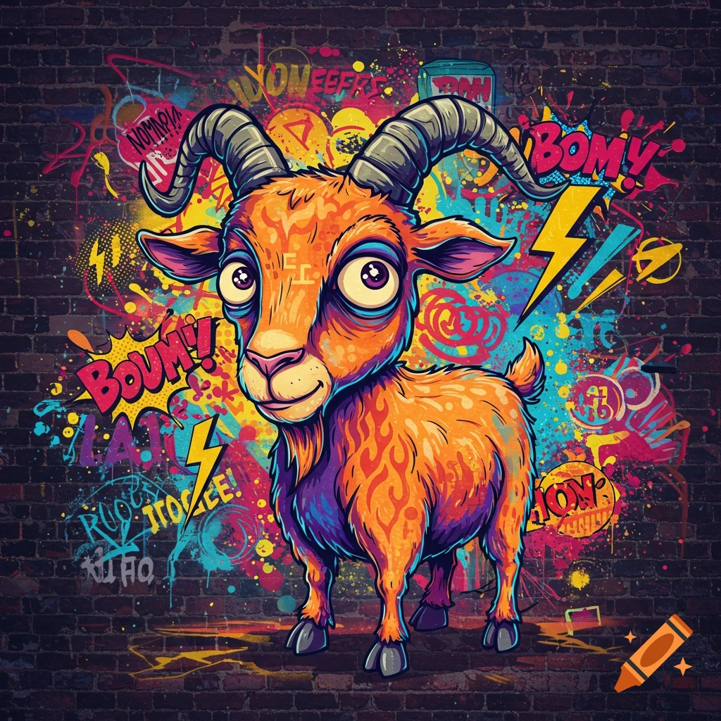 A colorful, cartoon goat with large eyes and horns stands before a vibrant graffiti-covered brick wall in a pop art style.