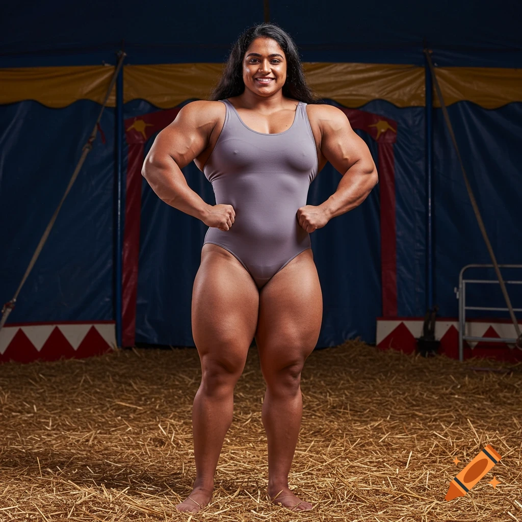 A muscular South Asian Indian strongwoman in a leotard smiles, standing inside a circus tent on hay.