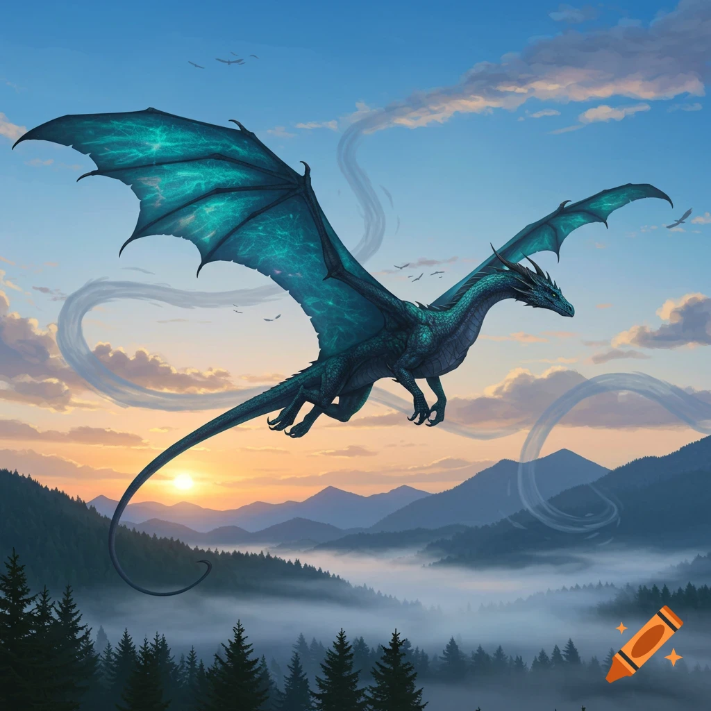 A teal dragon with glowing wings flies over misty mountains and pine trees at sunset.