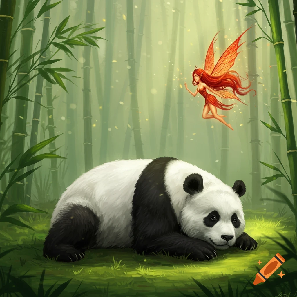 An illustration of a panda lying on the ground in a bamboo forest, looking up at a redheaded fairy flying above.