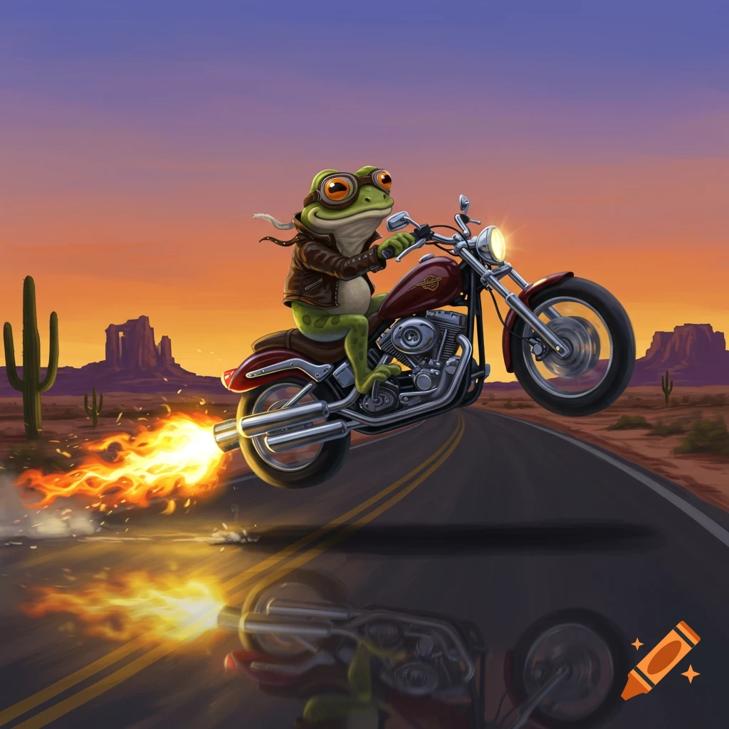 A cartoon frog wearing a leather jacket and goggles rides a motorcycle with flames shooting from the exhaust down a desert road at sunset.
