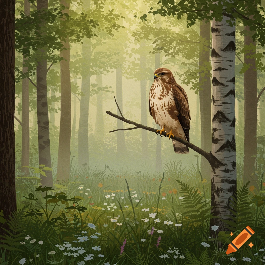 A brown and white hawk perches on a branch in a misty, lush green forest with tall trees and wildflowers.