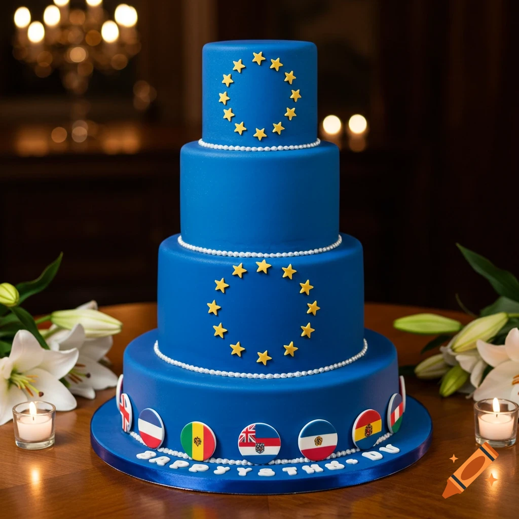 A multi-tiered blue cake decorated with yellow stars of the European Union and various country flags, flanked by white lilies and lit candles.