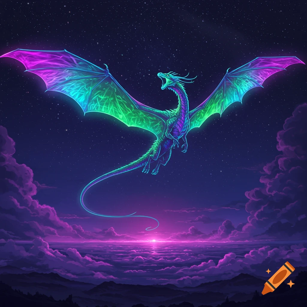 A vibrant neon dragon with glowing purple and green wings soars through a starry night sky above a landscape of purple clouds and mountains, with a bright pink horizon.