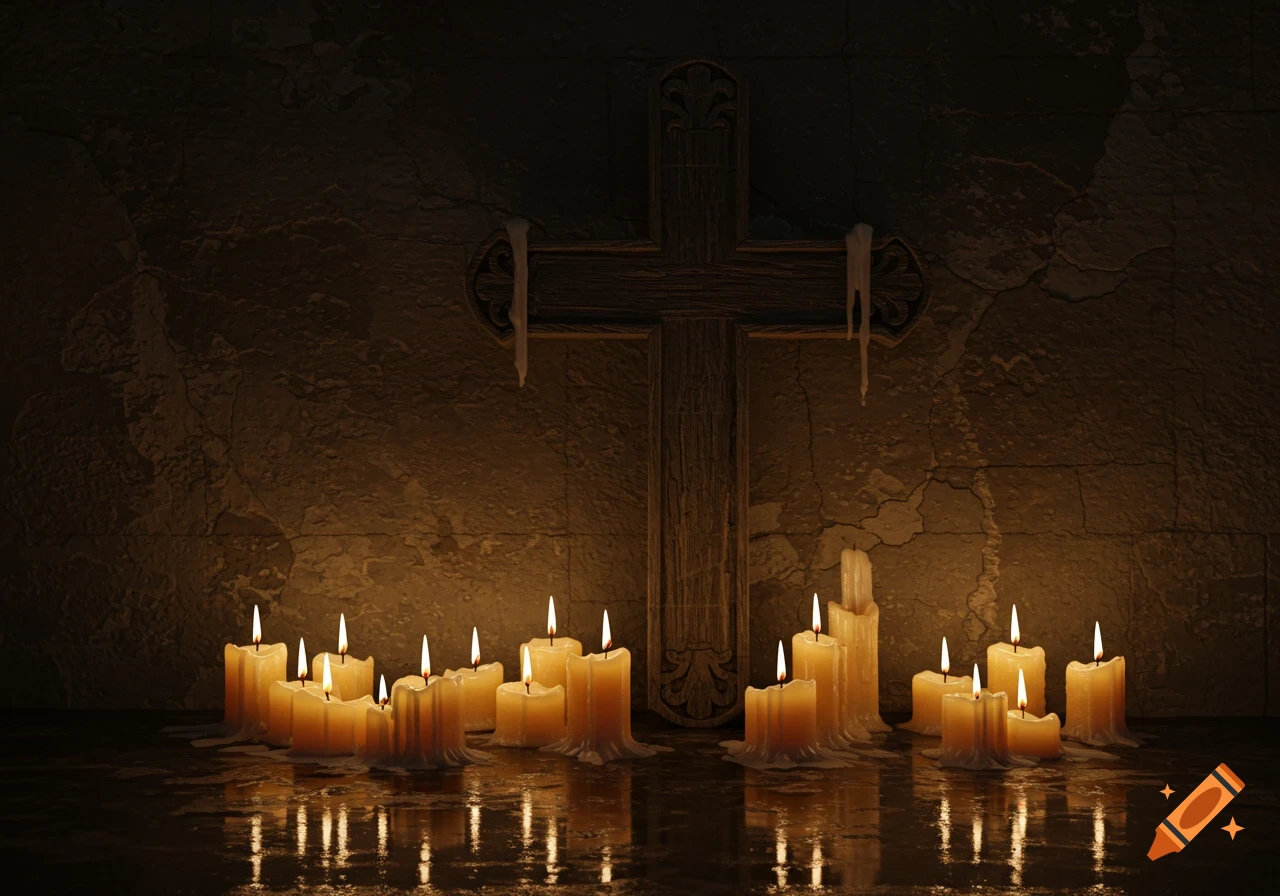 A wooden cross stands behind a cluster of lit, melting candles on a reflective surface, against a dark, textured wall.
