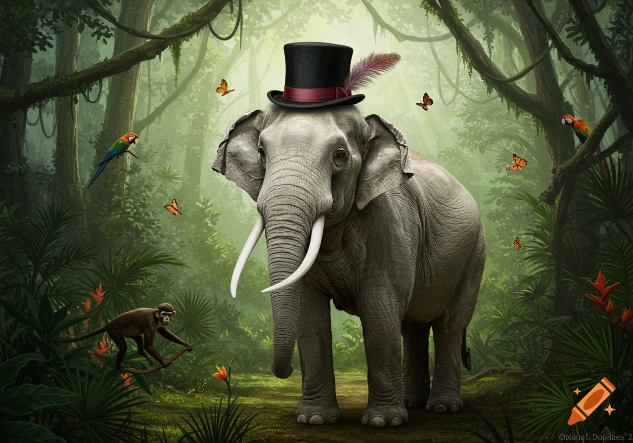 A majestic elephant wearing a top hat stands in a vibrant, lush jungle surrounded by parrots, butterflies, and a monkey. Digital art.