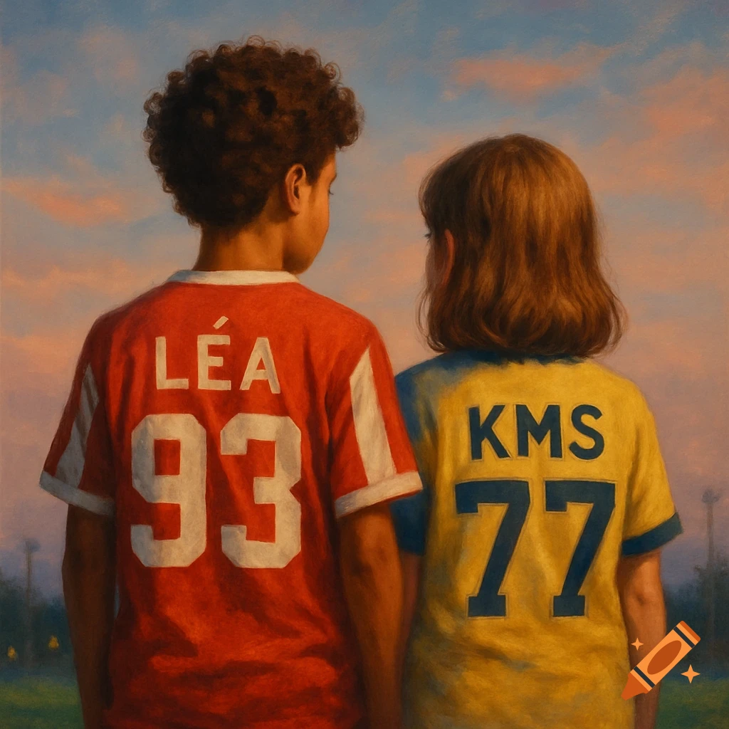 Two children in sports jerseys, a boy in red 'LÉA 93' and a girl in yellow 'KMS 77', seen from behind in a painterly style.