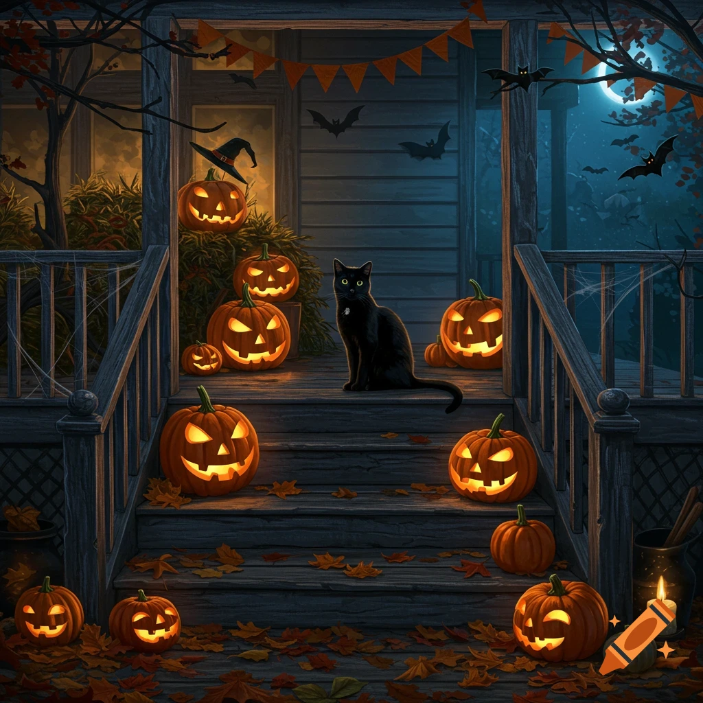 A black cat sits on a wooden porch decorated for Halloween with many glowing jack-o'-lanterns and autumn leaves at night.