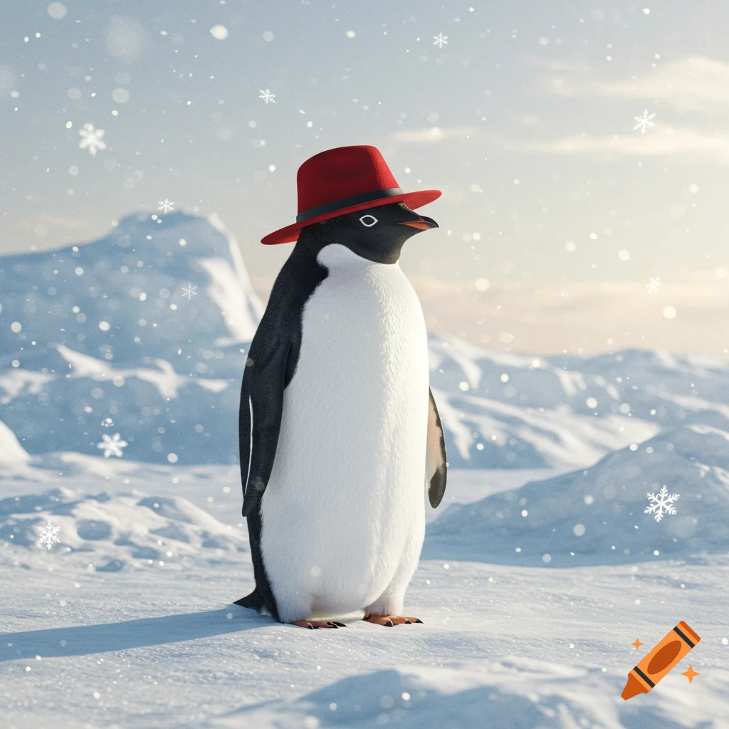 A photorealistic penguin wearing a red fedora stands in a snowy landscape with falling snowflakes.