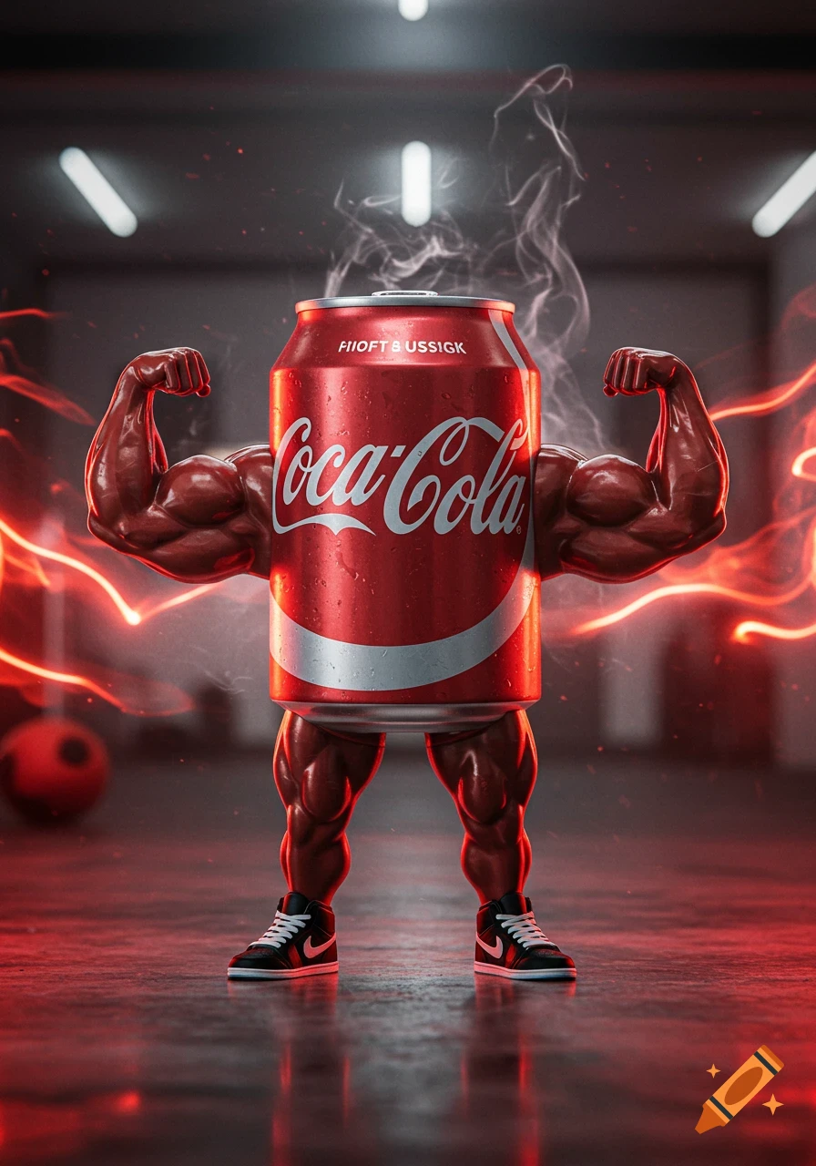 A photorealistic image of a muscular Coca-Cola can with arms and legs, flexing in a dimly lit gym with red light trails.