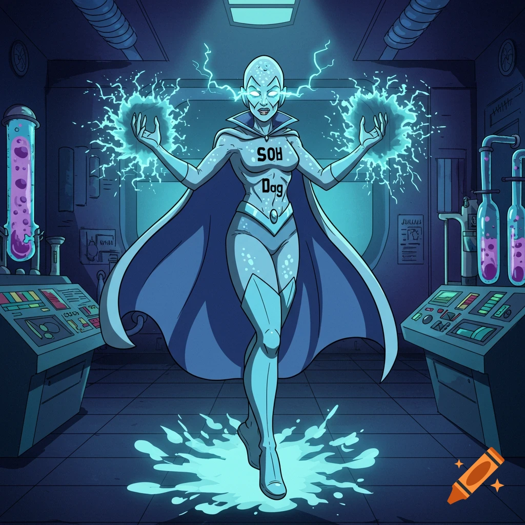 A cartoon supervillain woman in a blue suit and cape stands in a sci-fi lab, casting electric energy from her hands.