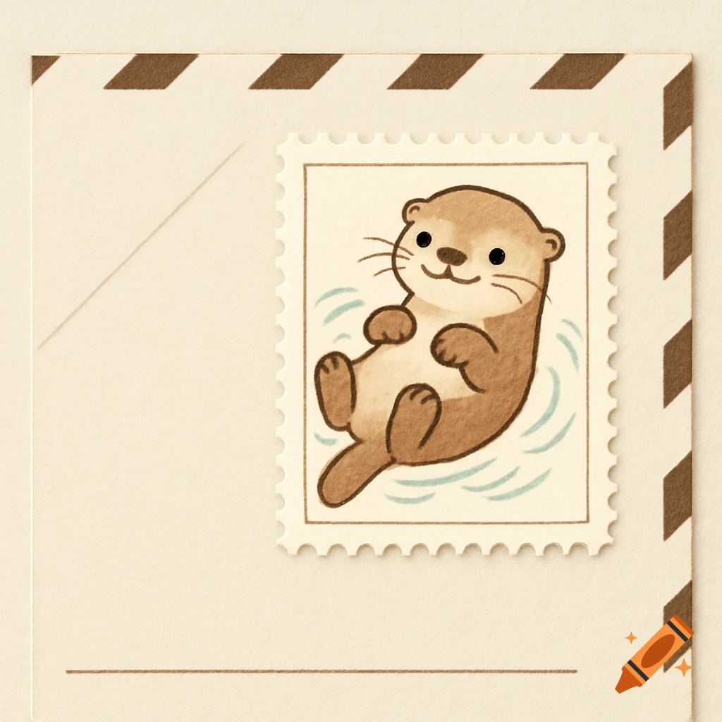 A cute cartoon otter floating on its back, featured on a postage stamp affixed to an cream-colored letter.