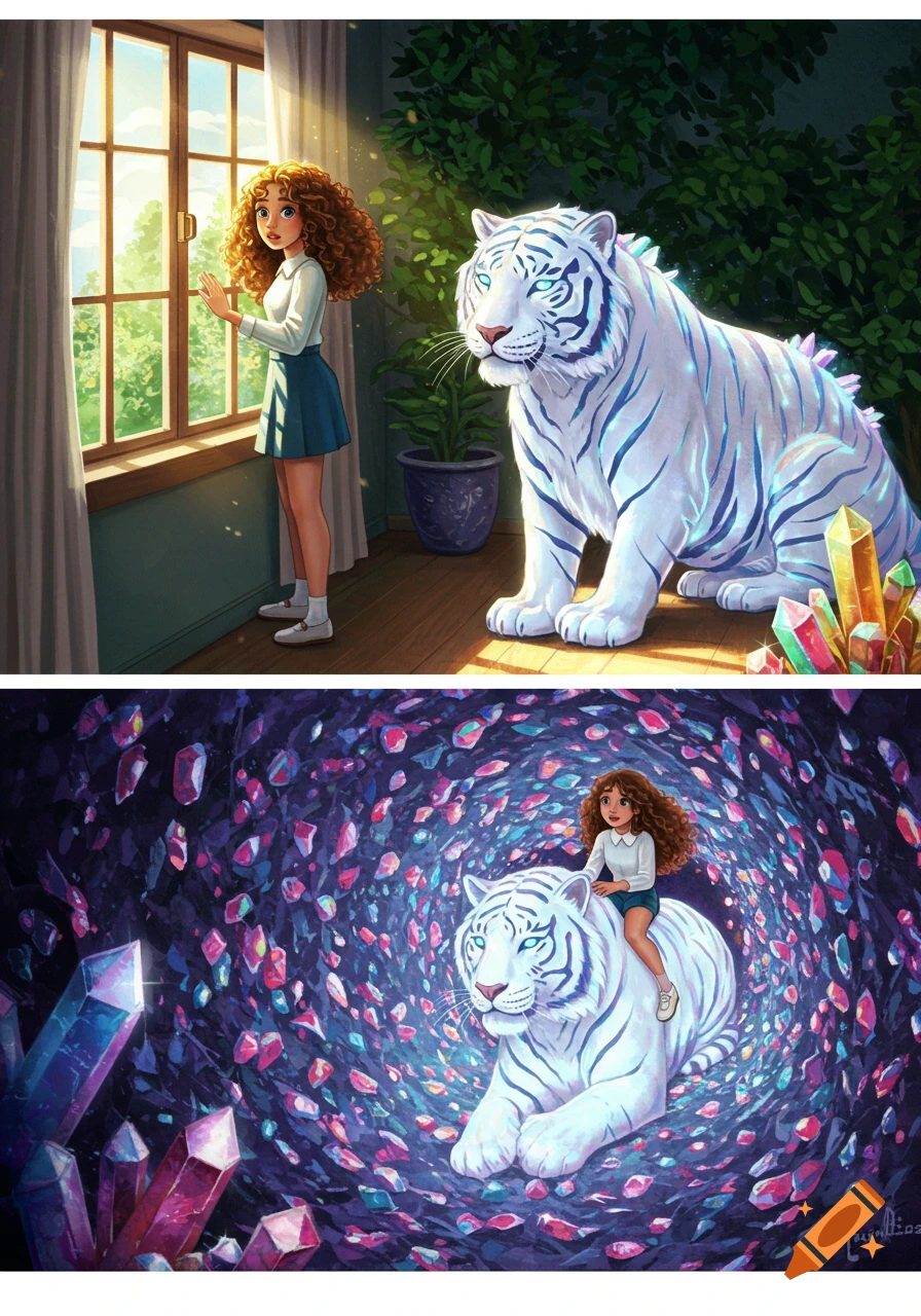 Two illustrations featuring a girl with curly brown hair and a majestic white tiger with blue markings amidst glowing crystals. Top: girl looks out a window, tiger sits nearby. Bottom: girl rides tiger through a tunnel of swirling crystals.