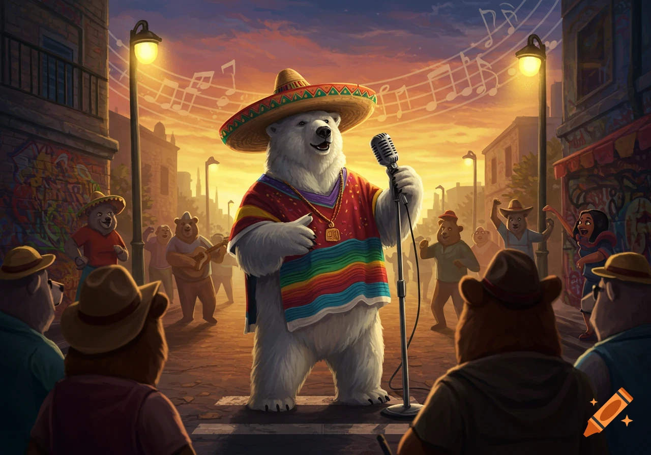 A polar bear in a sombrero and serape sings into a microphone on a vibrant street at sunset, surrounded by dancing and musical bears.