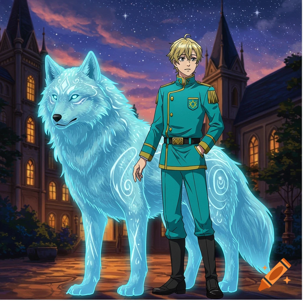 Anime boy in teal uniform standing with a glowing blue wolf in front of a castle under a starry night sky.