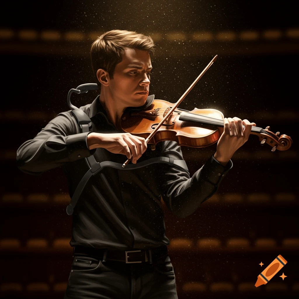 A man in a black shirt plays the violin with a complex support harness in a spotlight on a dark stage.