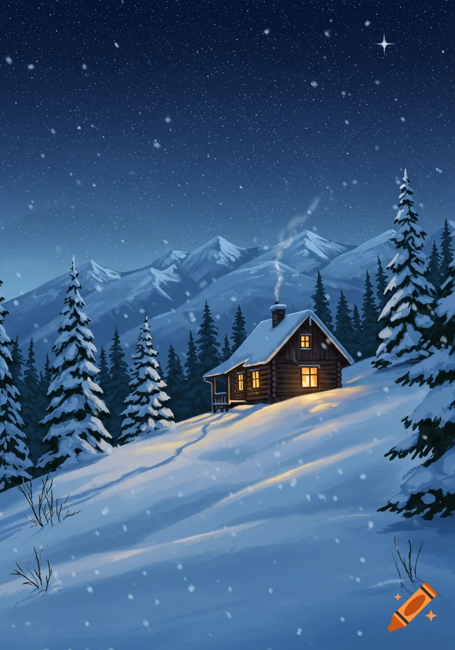 Cozy log cabin nestled in a snowy mountain landscape at night, surrounded by pine trees under a starry sky, digital illustration.