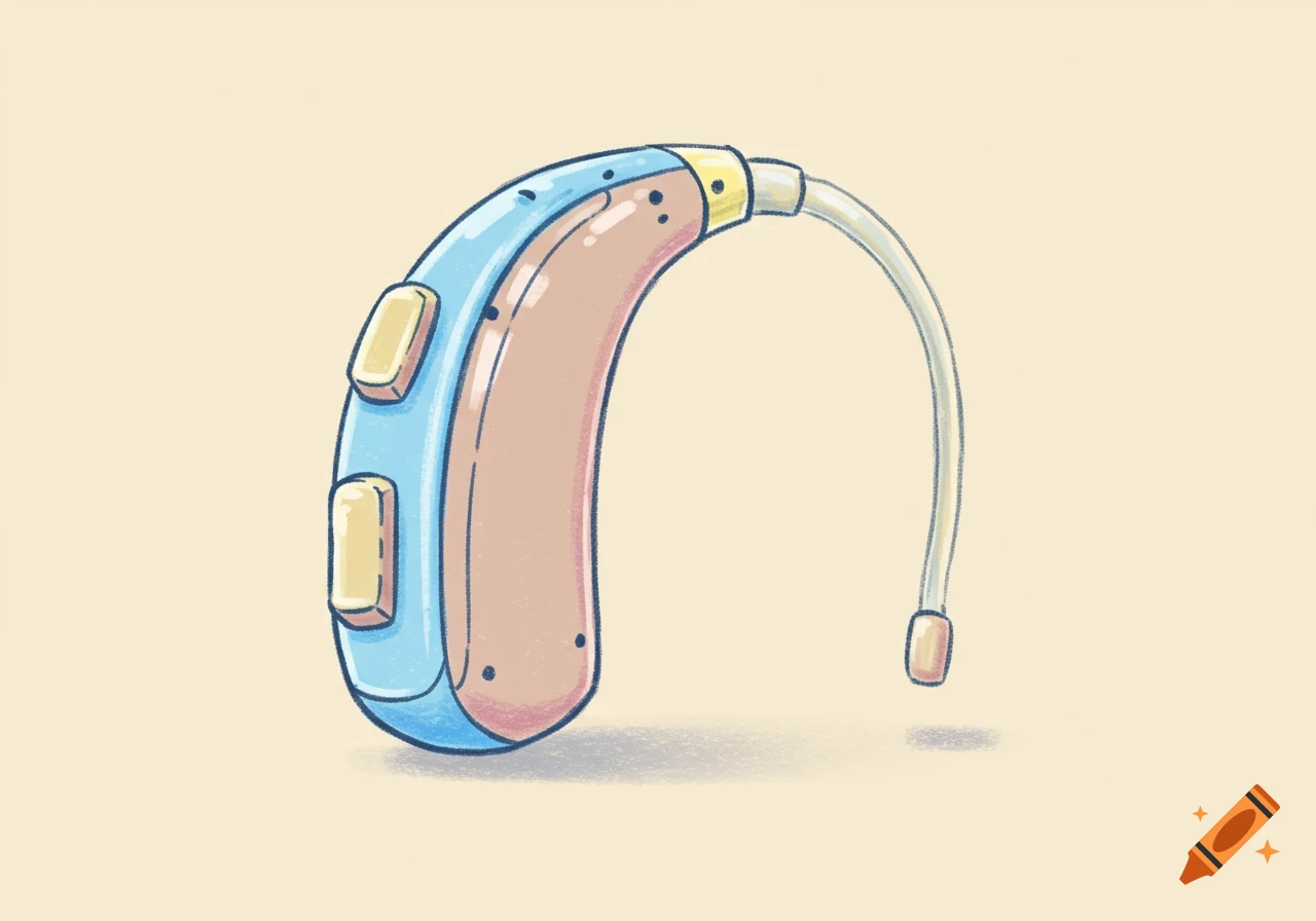 A crayon drawing of a blue and beige hearing aid on a light background, with a thin clear tube curving from it.