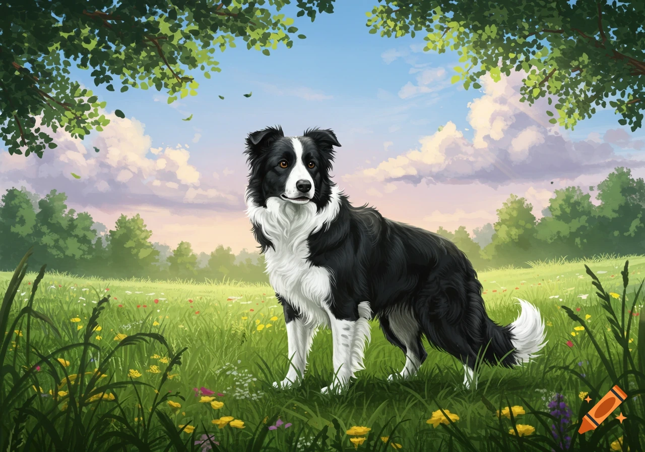 An illustration of a black and white Border Collie standing in a sunny green meadow filled with wildflowers under a blue sky.
