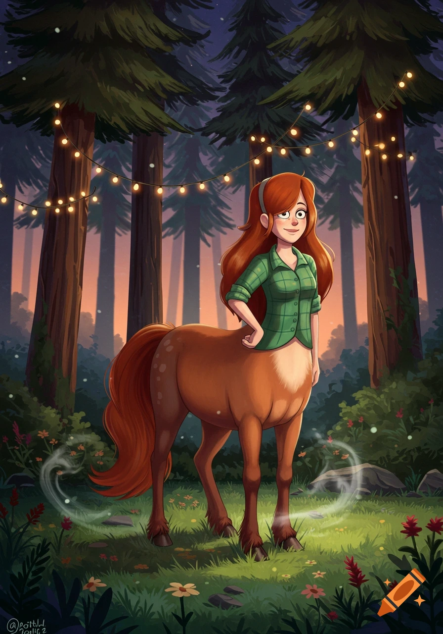 A cartoon centaur with long red hair and a green plaid shirt stands in a magical forest at dusk with string lights.