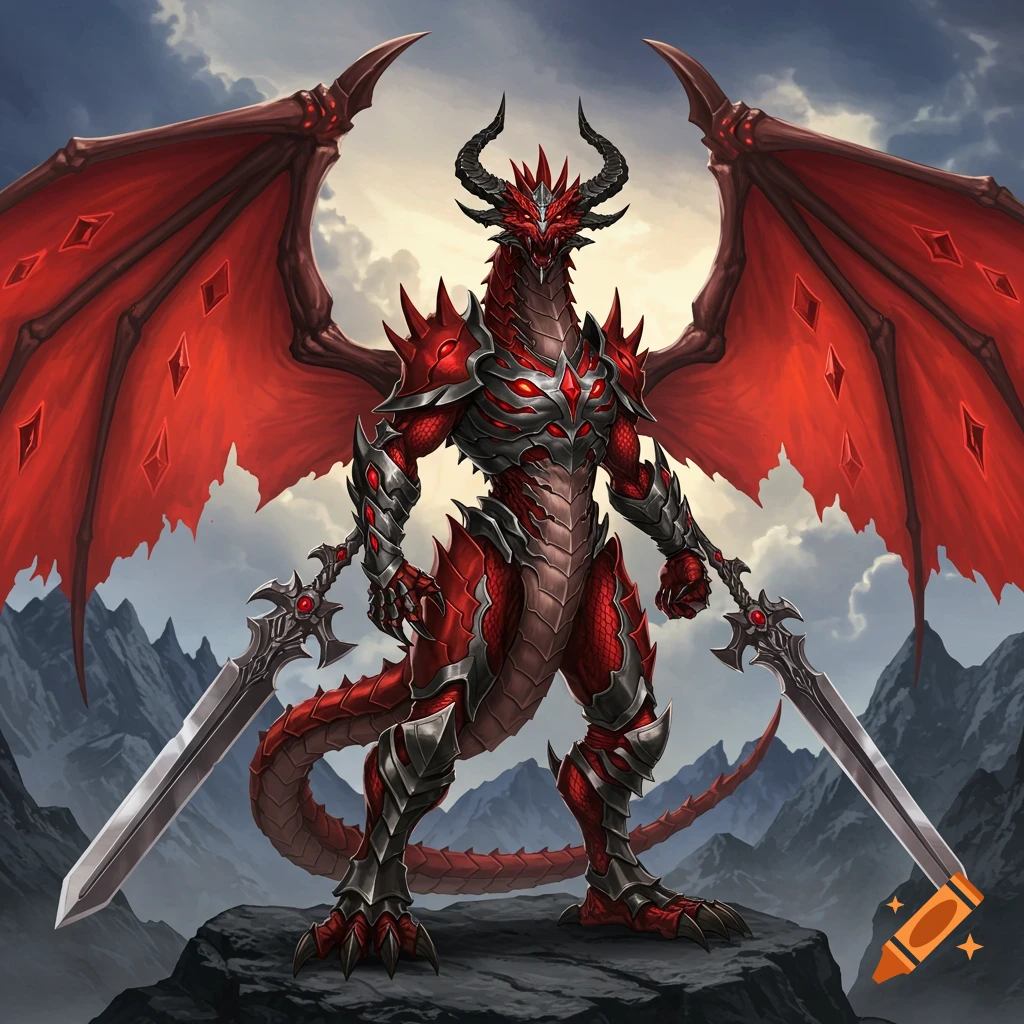 A formidable red armored bipedal dragon with large wings and horns stands on a rocky mountain peak, holding two swords, in an anime art style.