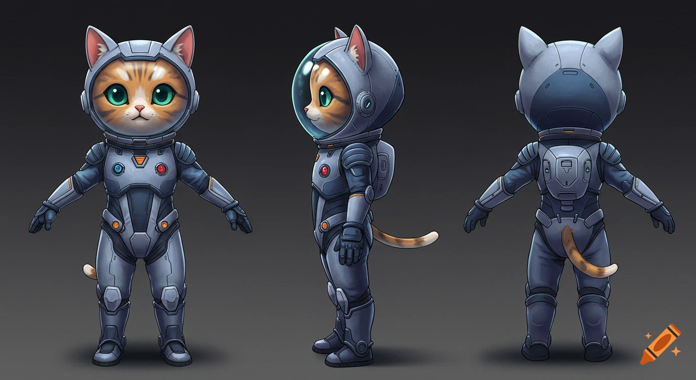 Cartoon cat in a gray space suit shown from front, side, and back in a T-pose.
