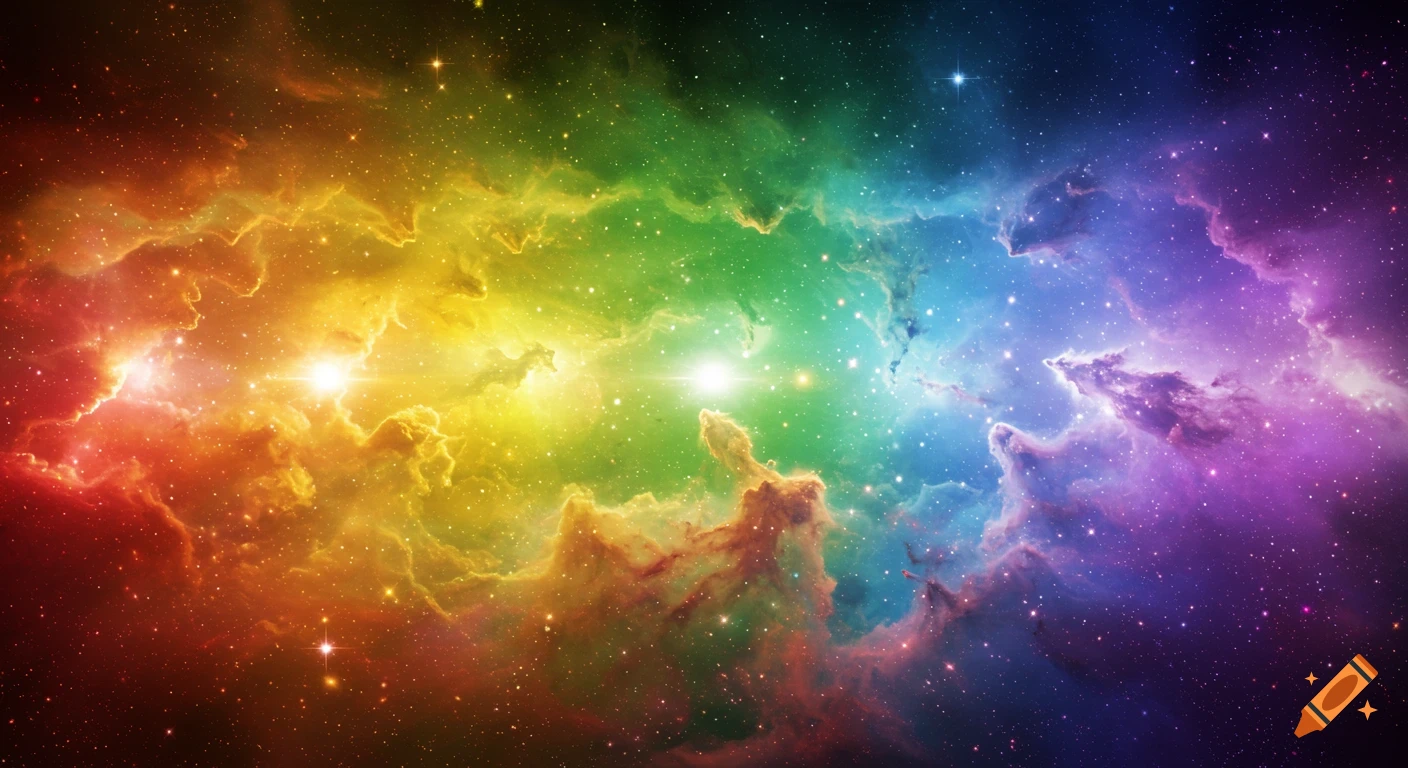 Vibrant cosmic nebula with swirling clouds and sparkling stars in a rainbow spectrum of chakra colors.