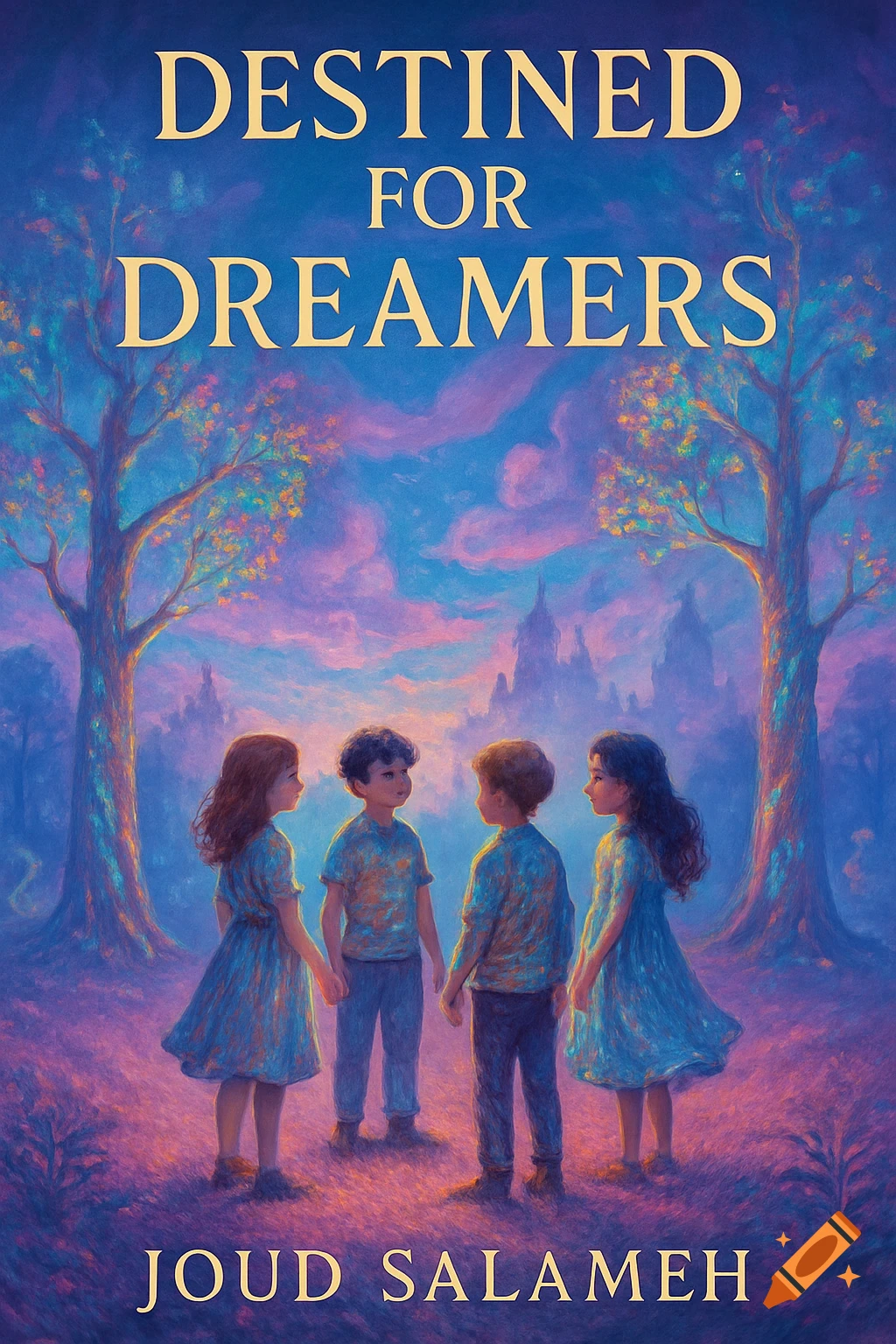 Book cover for 'Destined For Dreamers' by Joud Salameh, showing four children in a colorful, painterly fantasy landscape.